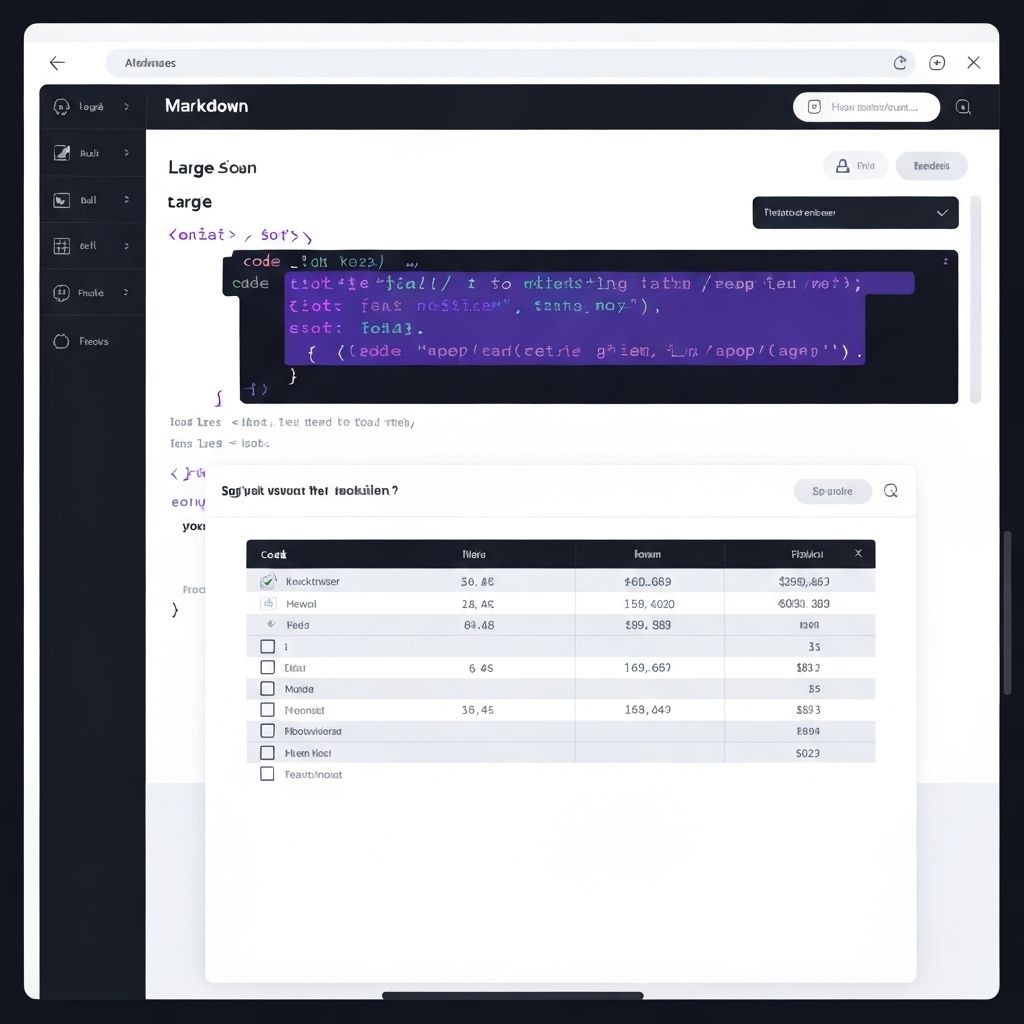 Various Markdown features beautifully rendered in MD Opener including code blocks, tables, and formatted text